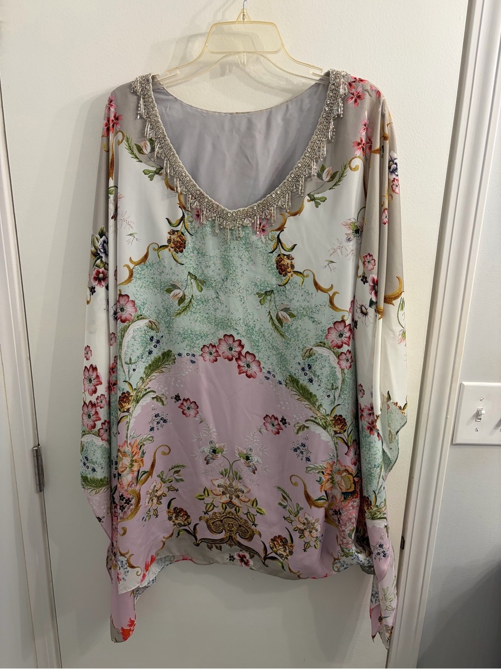 Badgley Mischka Pastel Floral Scoop-Neck Tunic with Beaded Trim